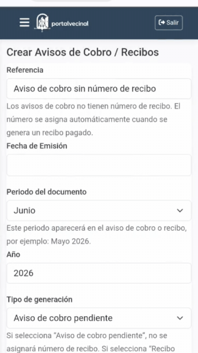 Creación de recibos y avisos de cobro en PortalVecinal